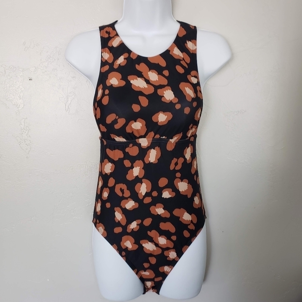 Shade & Shore Women's Small One Piece Swimsuit Black Tan Leopard Animal Print